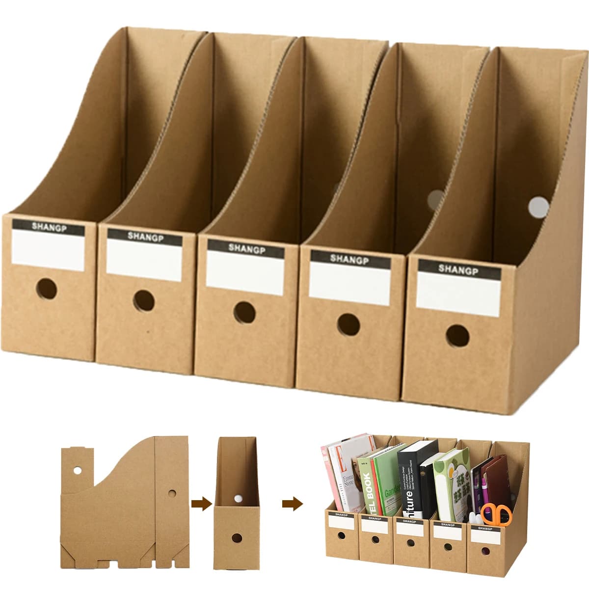 5 packs of office folder magazines, table file organizers with empty adhesive labels, school office book storage box