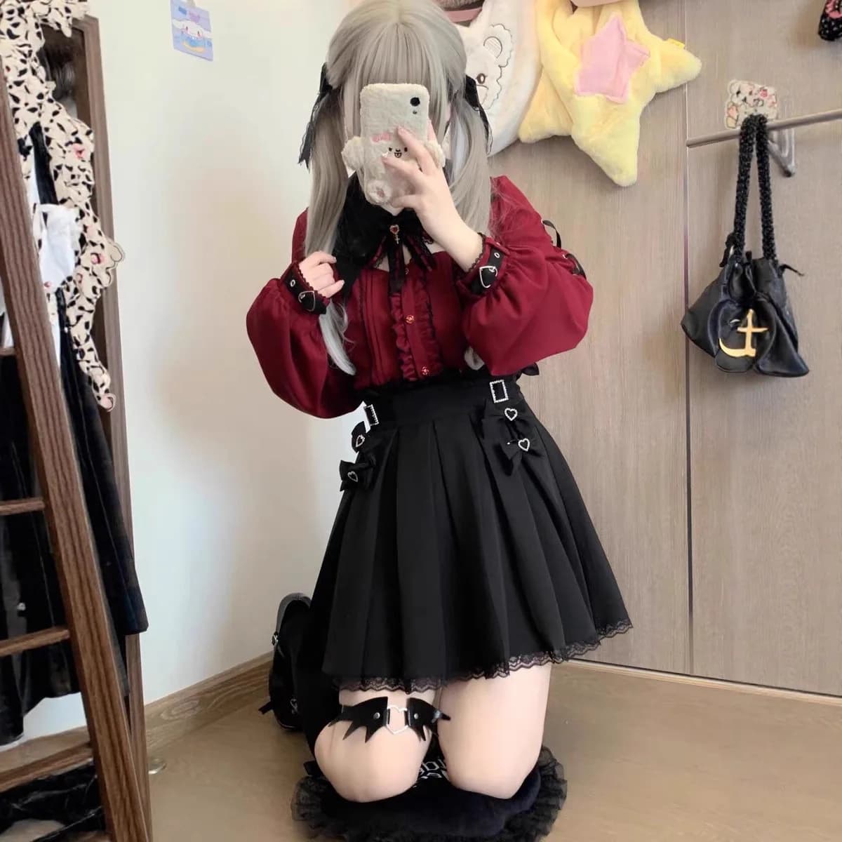 Dark Halloween Sweet Cool Bat Lace Collar Red Black Short Sleeve Shirt Top Women's Casual Sportswear Set Spring 2025 China