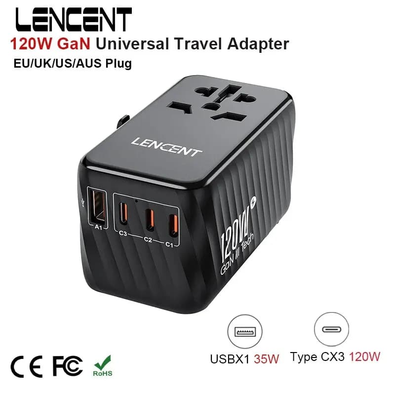 LENCENT Adattatore da viaggio internazionale GaN da 120 W Caricatore rapido con 1 porta USB e 3 adattatori di alimentazione all-in-one di tipo C per i viaggi