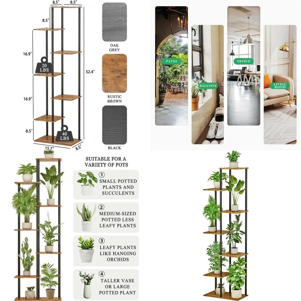Support for Plants from Interior to 7 shelves, 8 Vases, Metal and Wood, High Plant Door with Multipli Lower Vases for Living or Balcony