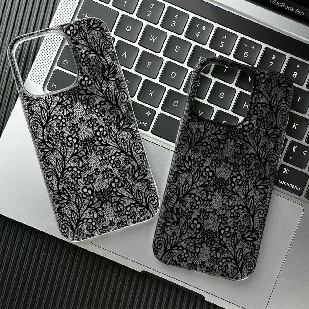 Full Black Lace Phone Case For IPhone 17 Air 16 15 14 13 12 11 Pro Max 13 12 16 Plus Shockproof Soft Clear Cover Coque