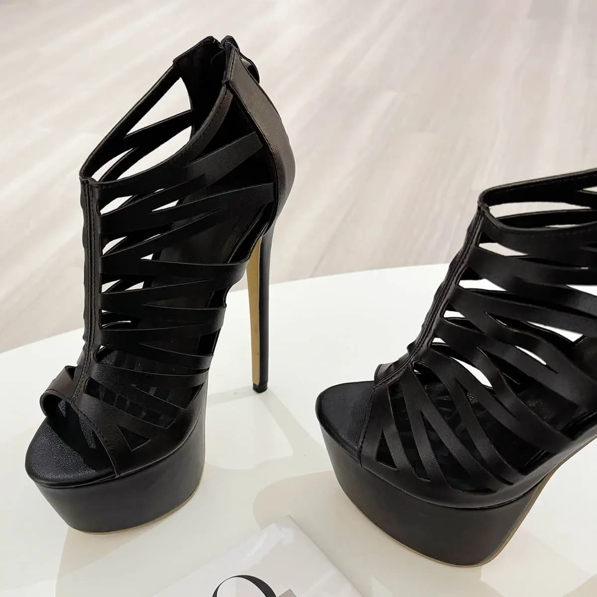 Aneikeh 16 cm High Extreme Heels Women's Platform Sandals Summer Belt Excavating Back Zipper Sandals with Black Heel