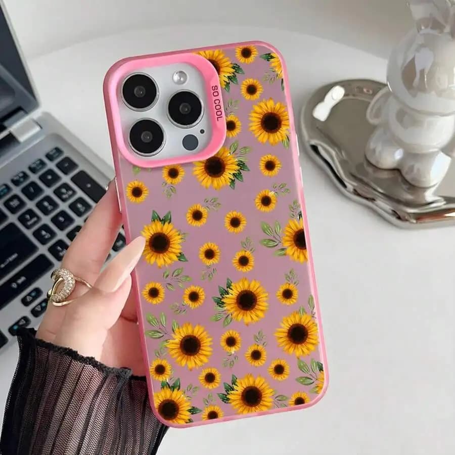 Sunflower Print Phone Case For iPhone 15 Pro Max 14 Pro 13 Pro Soft TPU Cover Pink