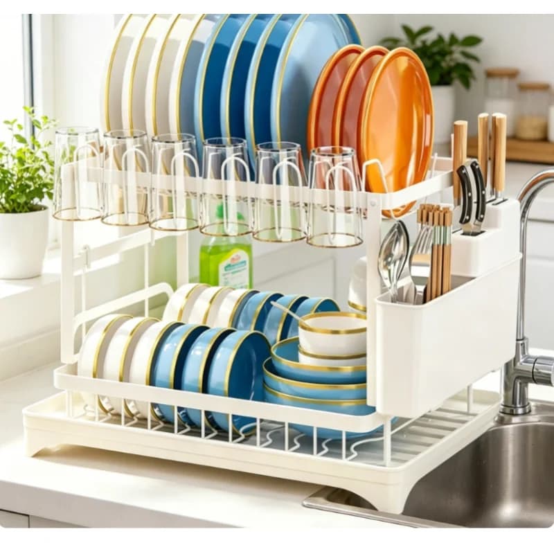 1pc Double Layer Kitchen Dish Drain Rack Countertop Storage Rack with Chopsticks Cup Cutting Board Holder for Home Kitchen Use