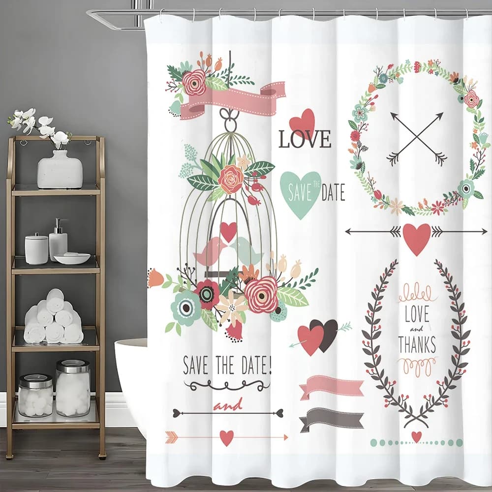 Tenda da doccia con gabbia per uccelli, ghirlanda di frecce d'amore, tenda da doccia decorativa per il bagno, tenda da doccia impermeabile con ganci