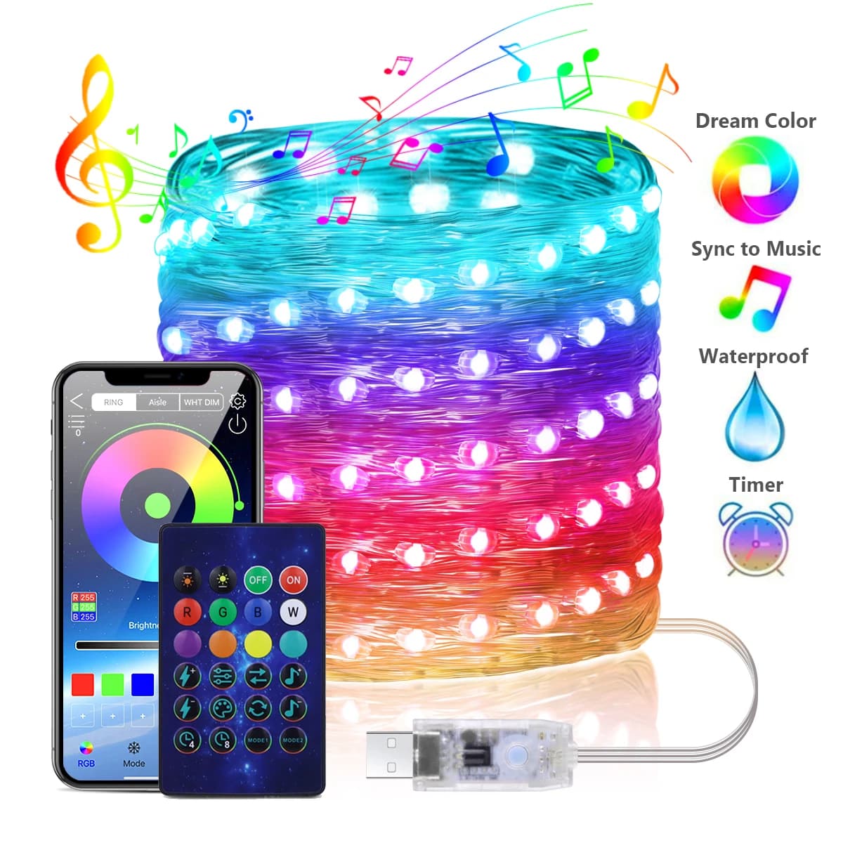WS2812B RGBIC LED String 20m 10m 5m USB Luci leggiadramente Dreamcolor FAI DA TE Smart IC APP Bluetooth Festival remoto Luci dell'albero di Natale