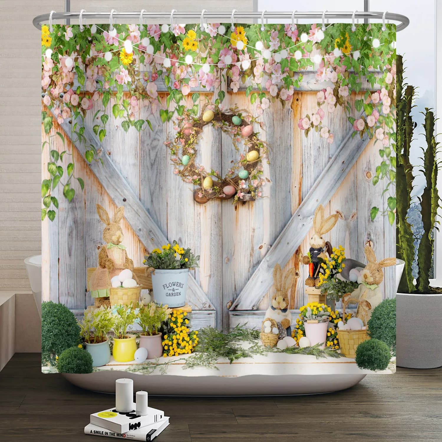 Tenda da doccia buona Pasqua Tavola di legno primaverile Erba verde Coniglio Uova di coniglietto Tende da bagno Schermo per vasca impermeabile