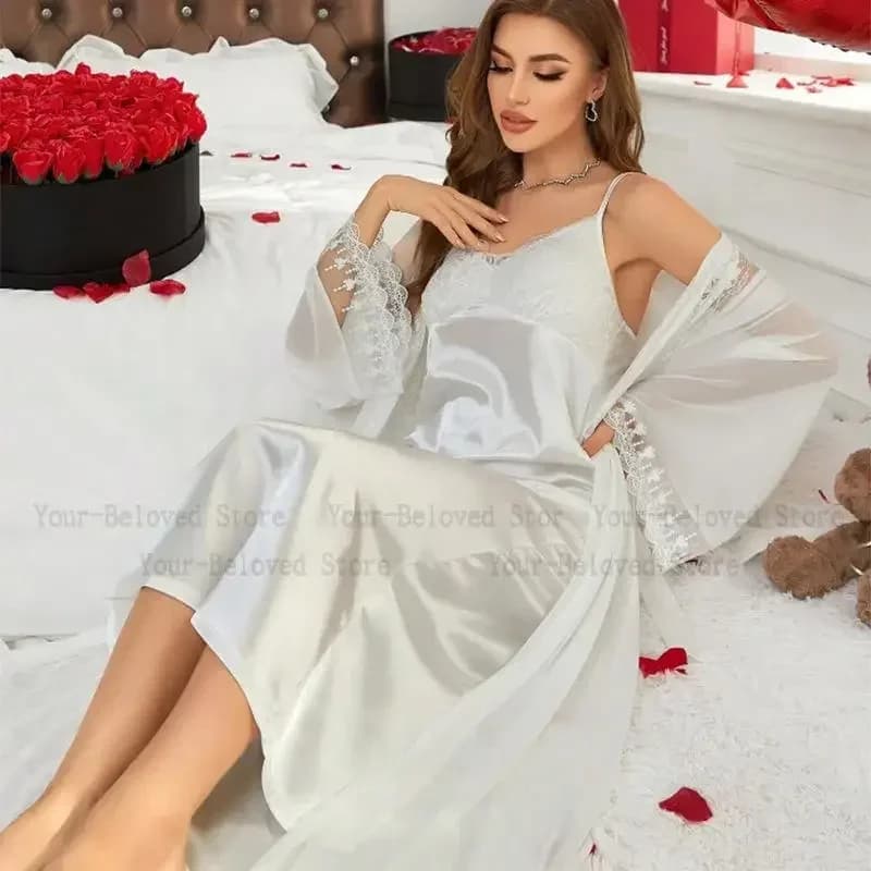 Bridal Dress with Neck Sleeves Bathrobe Night Shirt Set Satin Long Nightwear Sexy Wedding Dresses 2 Pieces Pijama Lingerie