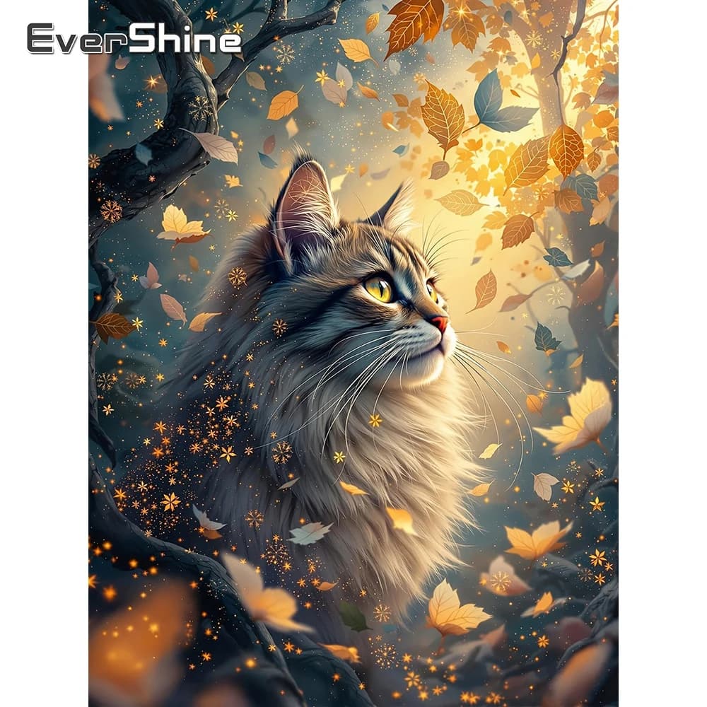 EverShine Diamond Mosaic Cat Picture Of Rhinestones Painting Animal Full Square Drill Diamond Embroidery Leaves Home Decor