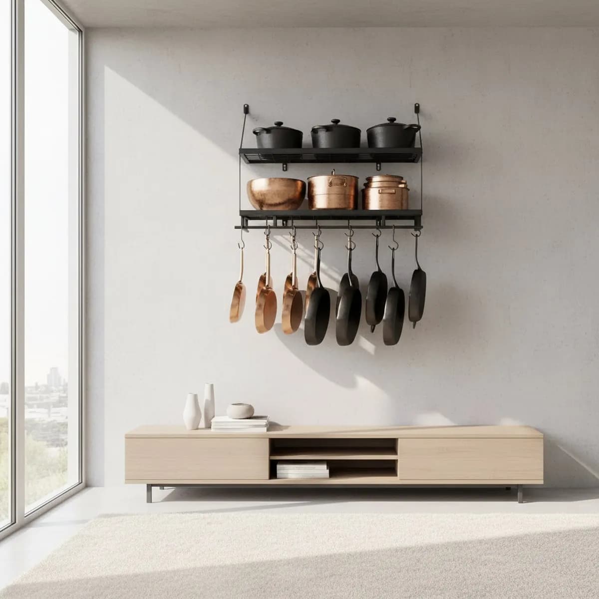 2 Tier Kitchen Pot Rack Matte Black Wall Shelf with Hooks for Pots Pans Storage Organizer