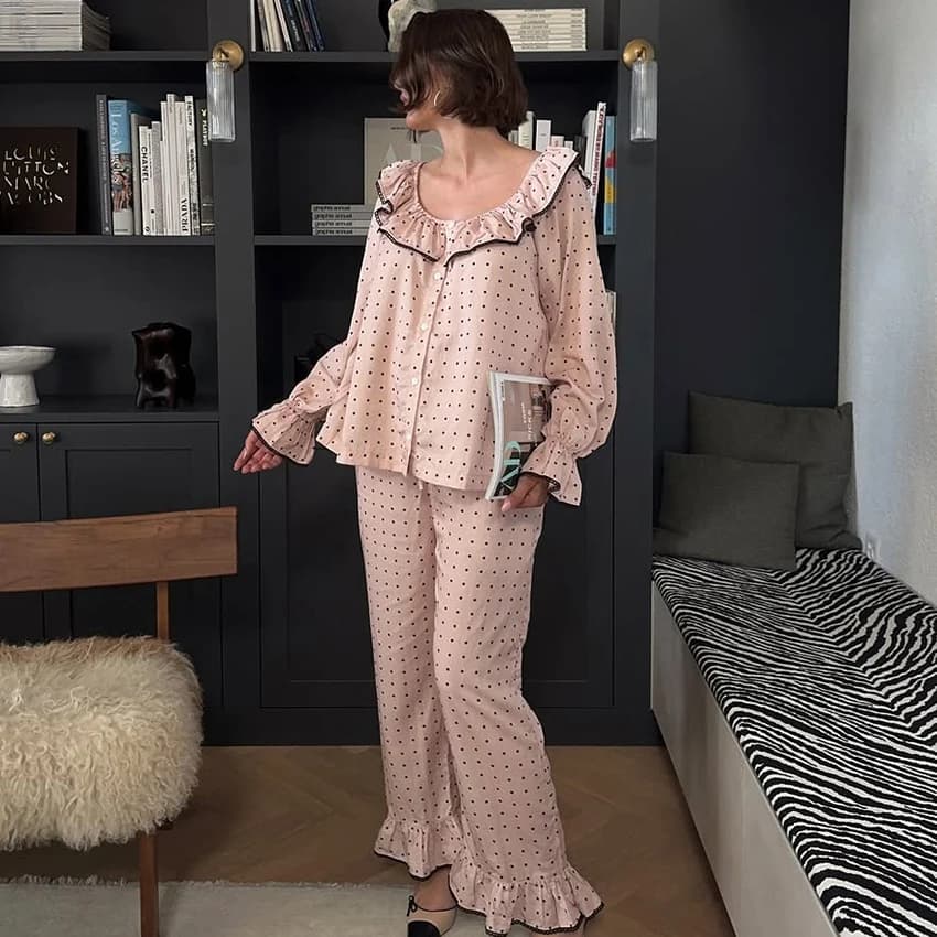 HiLoc Polka-Dot Fashion Ruffled Woven Pajamas 2 Piece Trumpet Long-Sleeved Single-Breasted Top Elastic Waist Full Length Pants