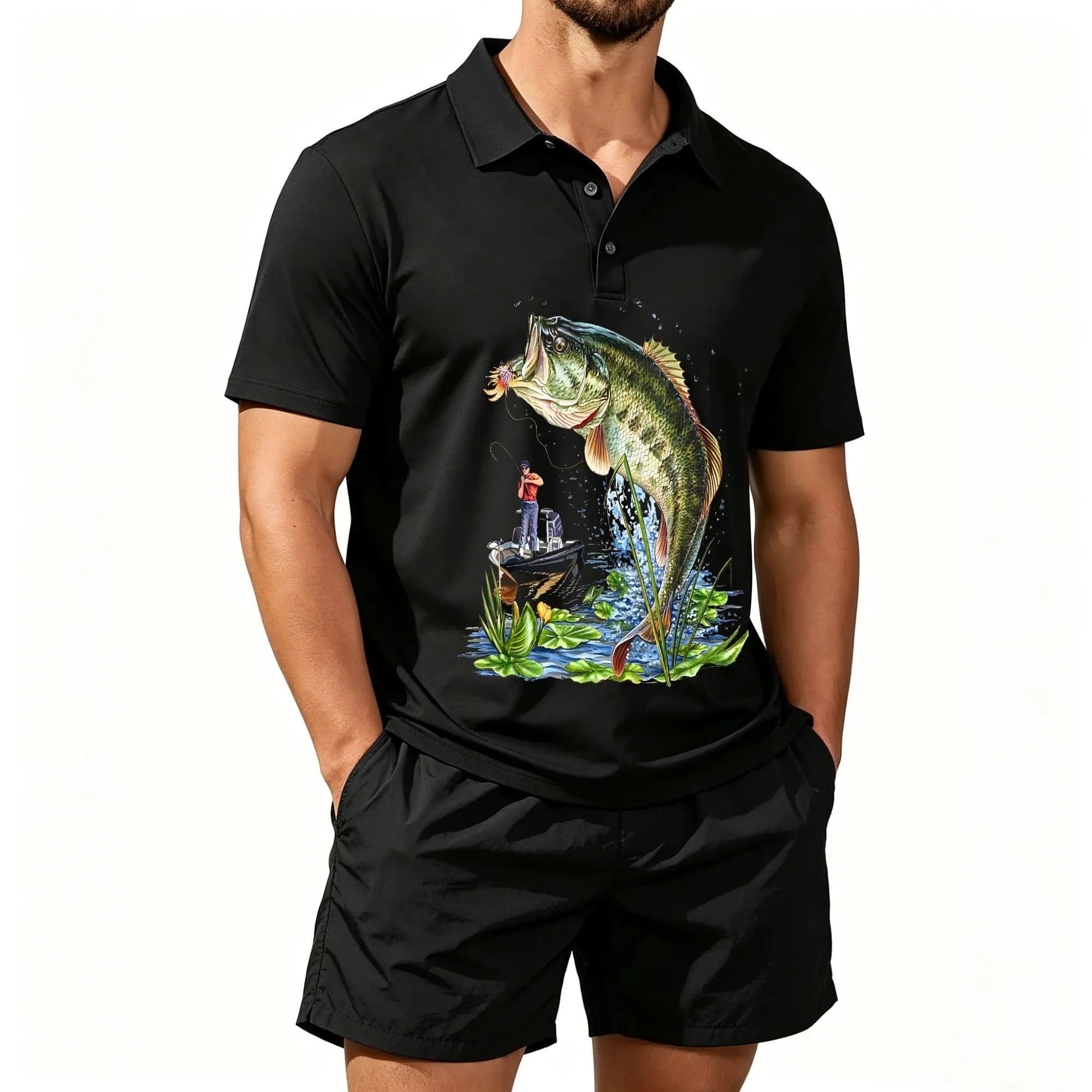 Men's Polo Shirt and Beach Shorts Two-Piece Set with Realistic Bass Fishing Pattern, Casual and Versatile, Comfortable to Wear, and Well-Tailored