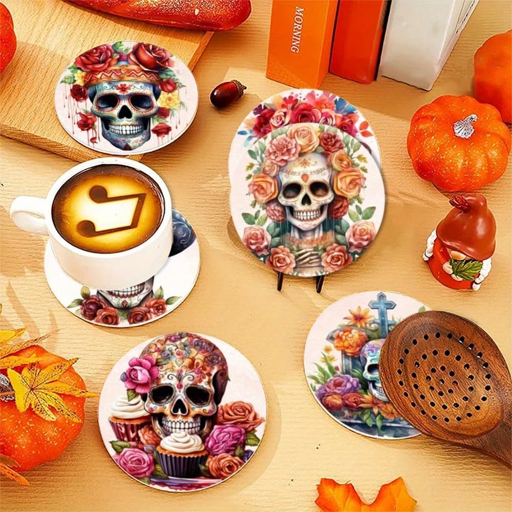 6 pieces wooden cup mat with 4 inch Halloween skull, heat-resistant, with floral skull, artistic design, bar decoration, parties, festival