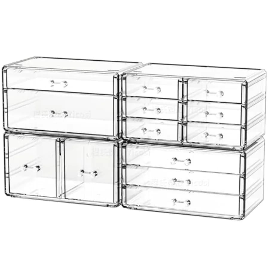 Set di 4 Organizzatori per Cassetti in Acrilico Trasparente, Impilabili, 13 Cassetti, Cubo Portaoggetti per Trucchi, Organizzatore per Toeletta e Accessori per Capelli