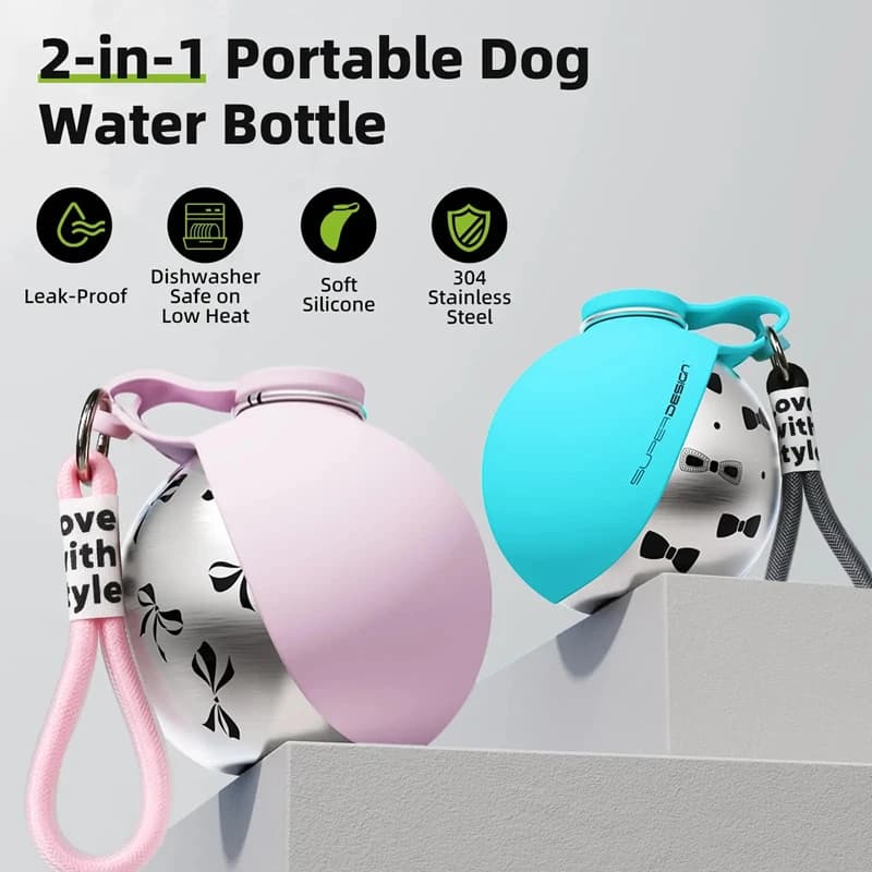 Water Bottle Foldable for Domestic Animals in Stainless Steel 304, Spherical Portable Travel Water Dispenser for Dogs and Cats, Antique and Rechiudible