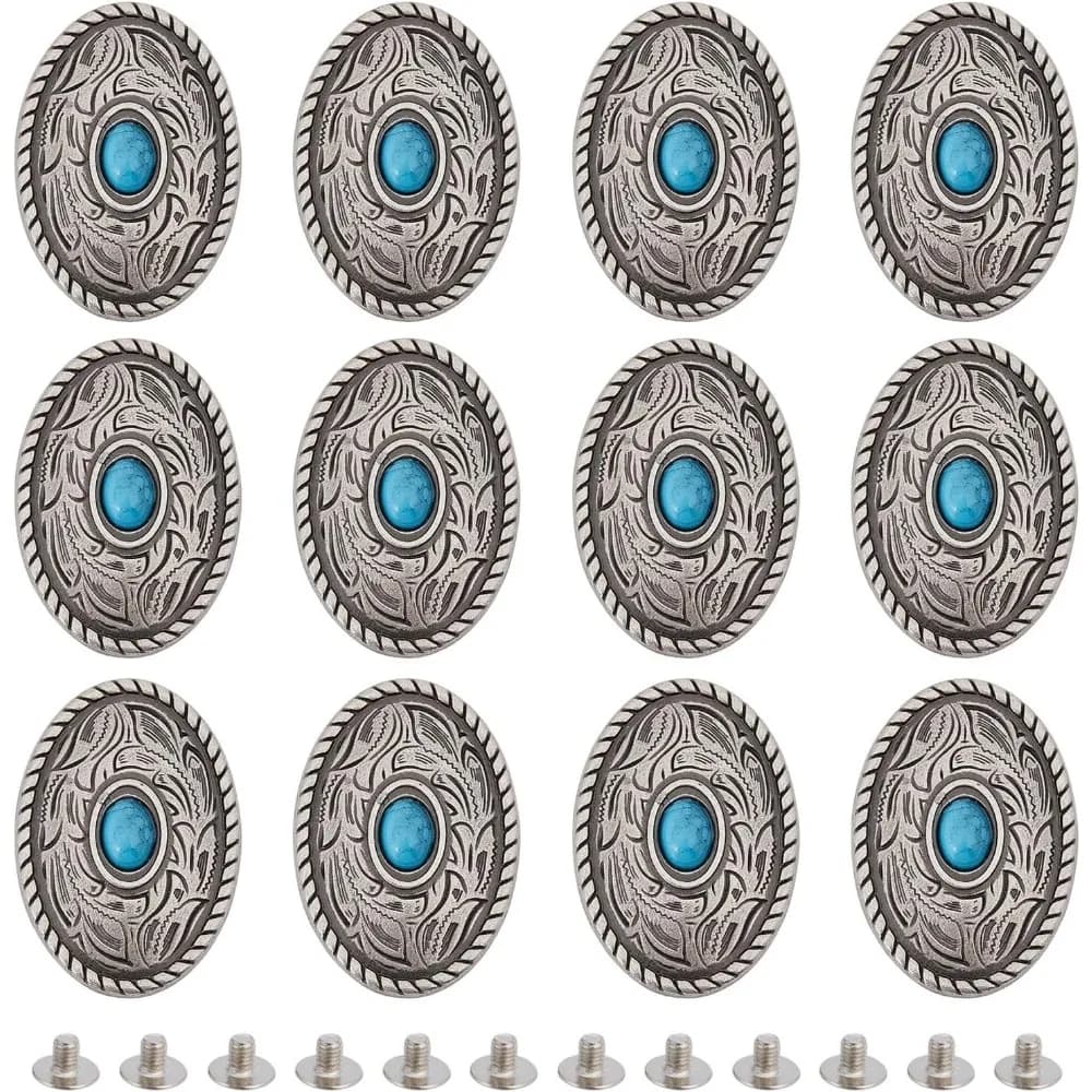 12 set fibbia decorativa vintage blu turchese con viti bottoni posteriori vite posteriore per cintura in pelle artigianale fai da te forma rotonda