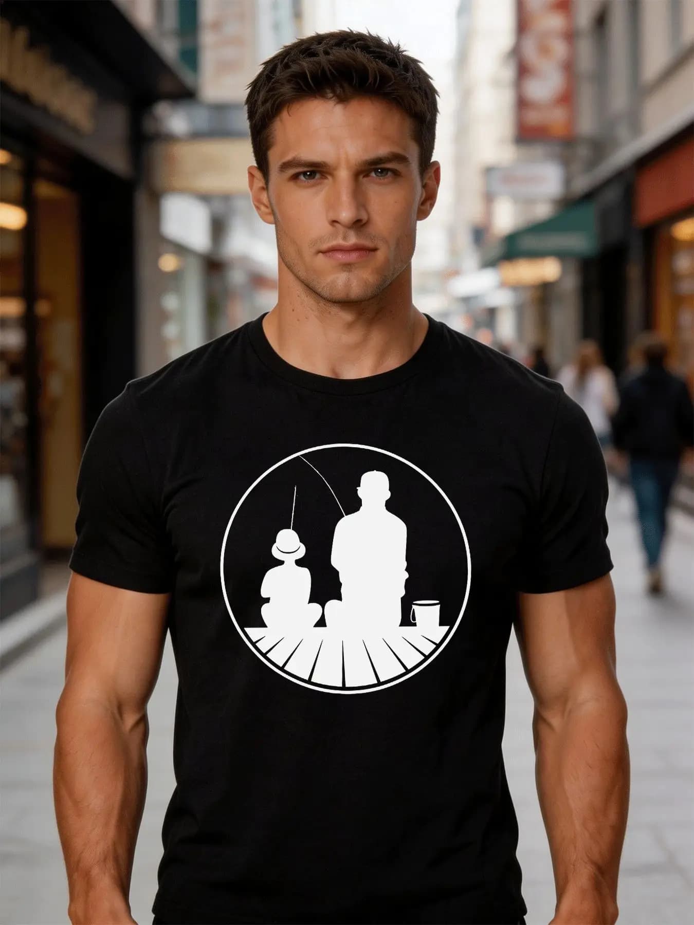 Male Charcoal Round Neck T Shirt Minimal Circle Dad Kid Fishing Rod And Cup Print Bonding Outdoor Lake Daily Cotton Tees