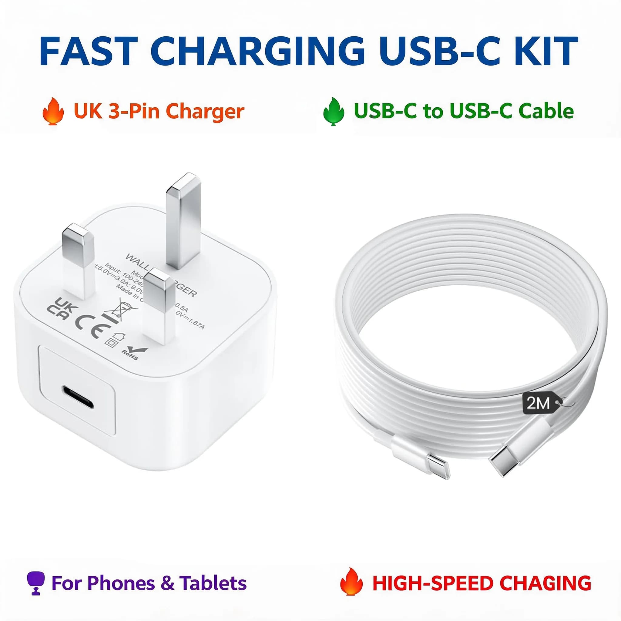 British standard charger 20W PD USB C Fast Charger Plug with 6FT Type C to C Cable for iPhone ,for iPad, USB C UK Power Adapter