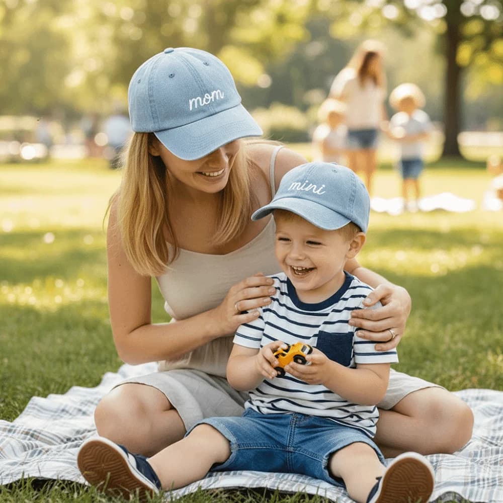 Fashion Hats in Cotton Washed with Embroidery MAMA MINI, Adjustable Vintage Baseball cap, Solar Protection Breathable Hats for Open
