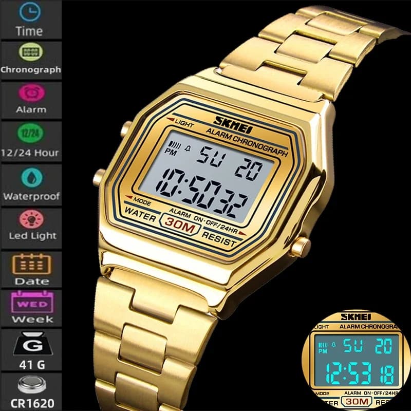 Skmei Women's Waterproof Digital Sports Wrist Watch Luxury Stainless Steel Strap Shock Resistant LED Chronograph Alarm Clock