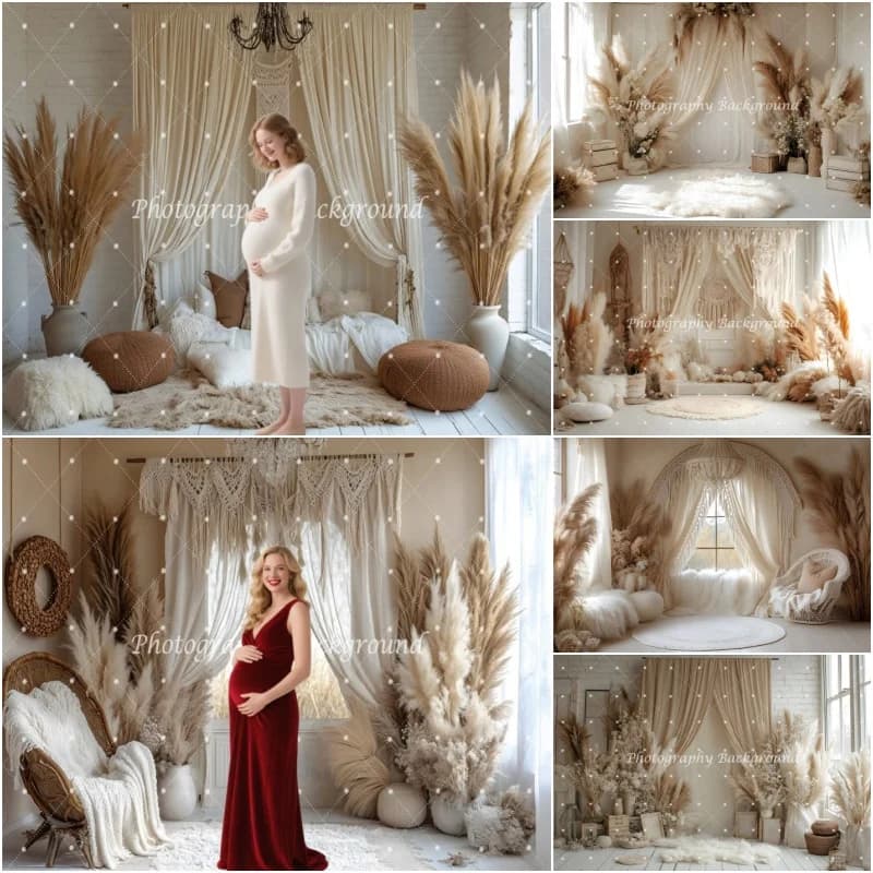 Sfondo Fotografico Boho Floreale con Erba della Pampa, Tende per Finestre, Decorazioni per Matrimoni, Feste di Compleanno, Sfondo per Foto