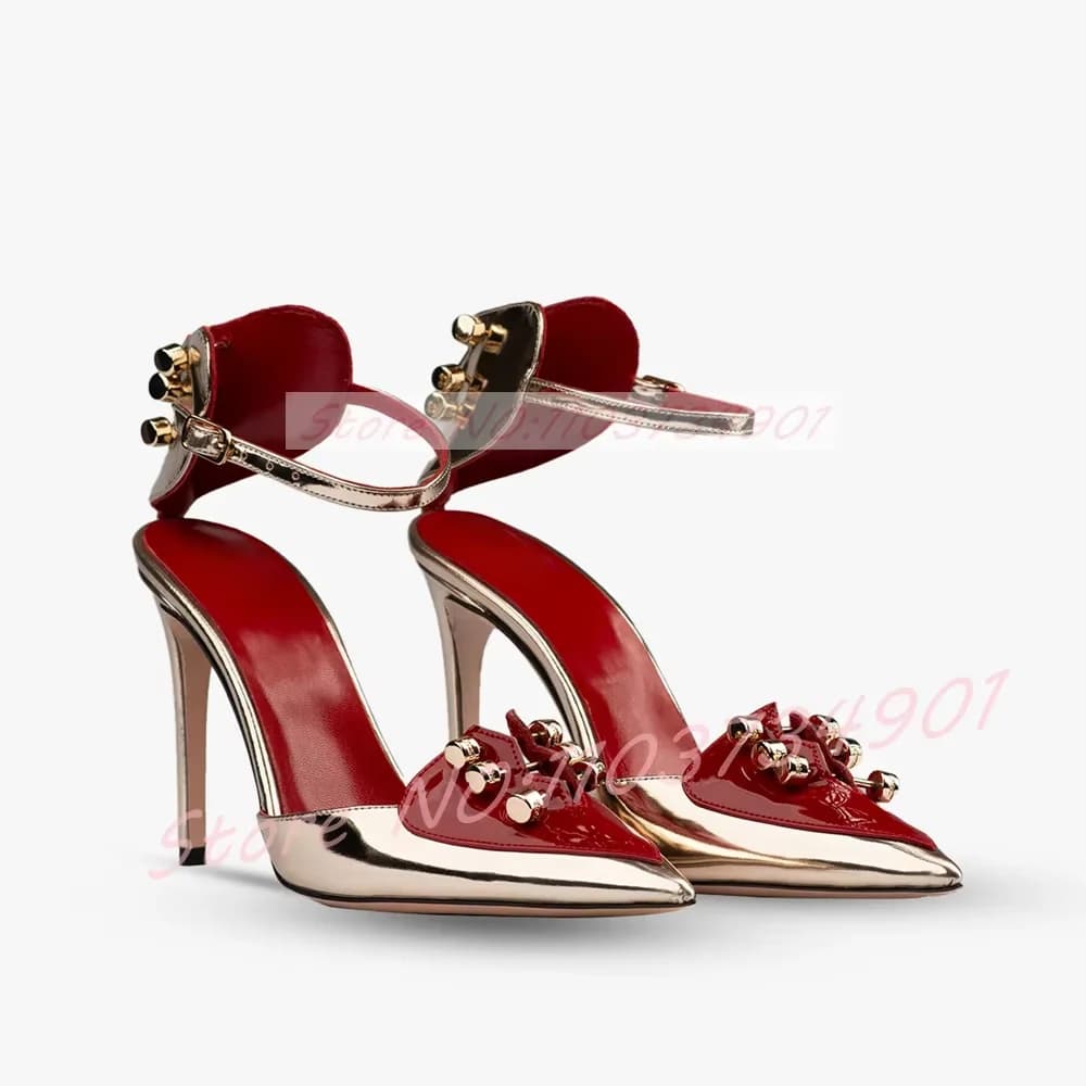 Sandali Stiletto con Rivetti Metallici Dorati, Sandali Sexy in Pelle Metallizzata con Cinturino alla Caviglia per Donne, Calzature Eleganti per Matrimoni e Feste