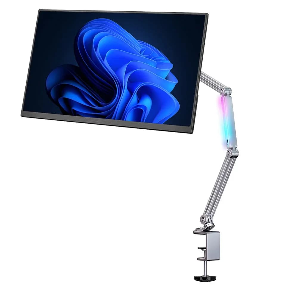 Supporto per Monitor in Lega di Alluminio con Braccio Lungo e Luce LED, Rotazione a 360°, Montaggio VESA, per Display da 8-18,5 Pollici