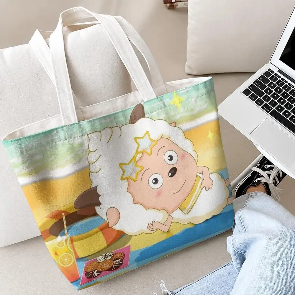 Love to Sleep Lazy Goat Storage Bags Canvas Double-Sided Print Set 2-Piece Shopping Bag with Zipper for Picnic Travel