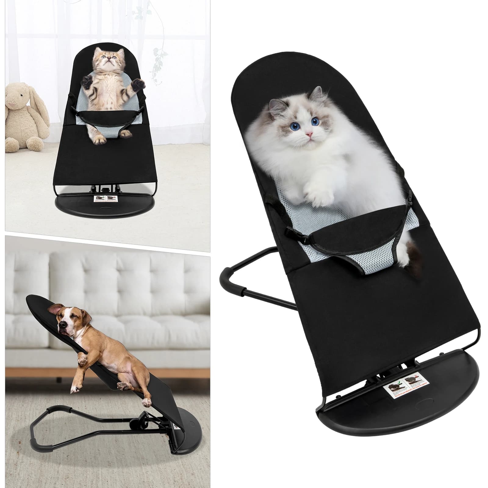 Sedia a dondolo pieghevole per animali domestici | Letto a dondolo portatile per cani e gatti 78x39 cm con struttura in acciaio inossidabile, carico 15 kg (nero, moderno) ​