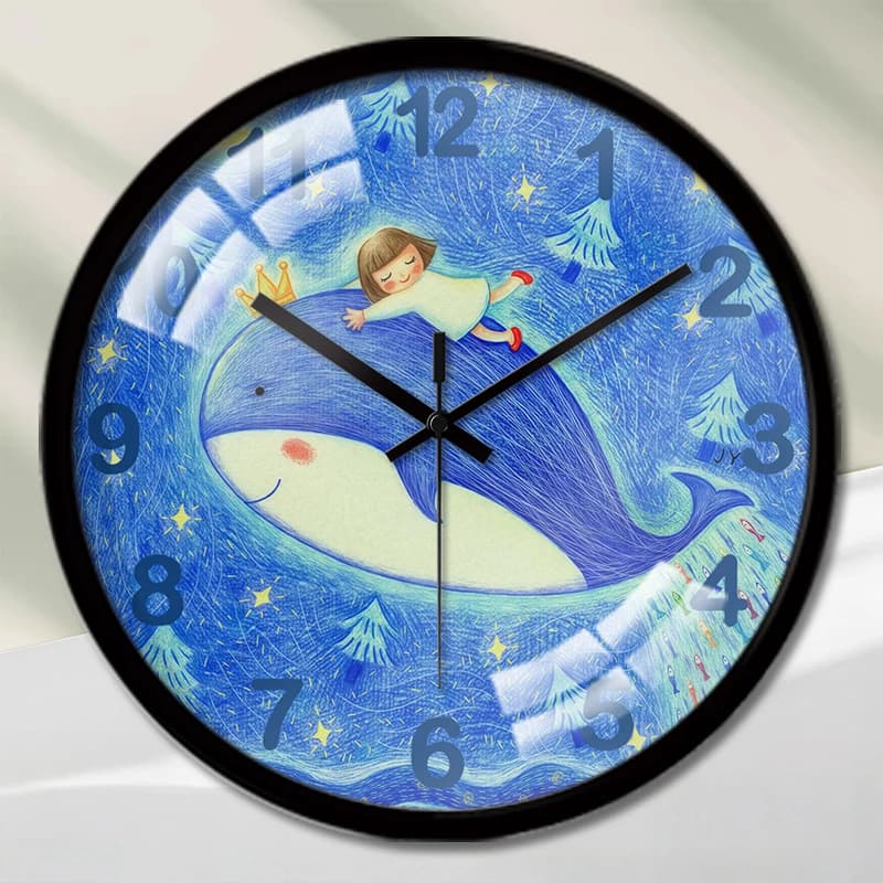 Orologio da parete sospeso silenzioso rotondo con cartoni animati stellati Whale & Girl, adatto per soggiorno, scuola, sala studio, camera da letto, regali per bambini