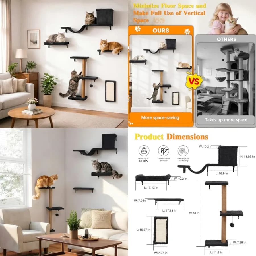 Mensole da Parete 5-in-1 per Gatti da Interno, Arredamento per Gatti Montato a Parete con Letto, Grotta, Tiragraffi e Posatoio, Multi-Livello