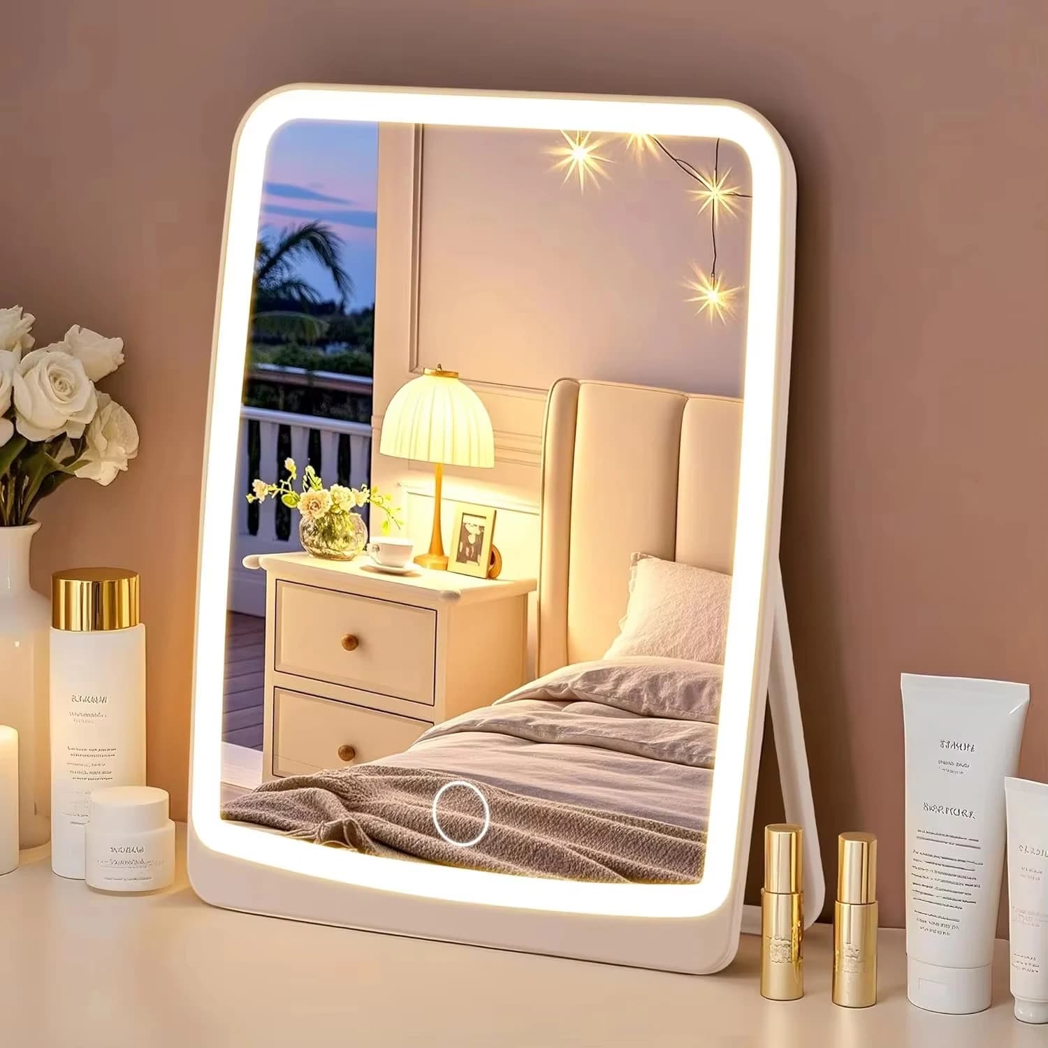 LED Dimmable Makeup Mirror Portable Foldable Design with 3 Colors Light Stepless USB Charging for Beauty Fashion