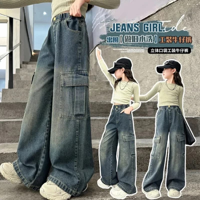 Pantaloni jeans larghi a gamba larga per ragazze Pantaloni in denim dritti con tasche grandi solide vintage per bambini Abbigliamento primavera autunno 5-12 anni