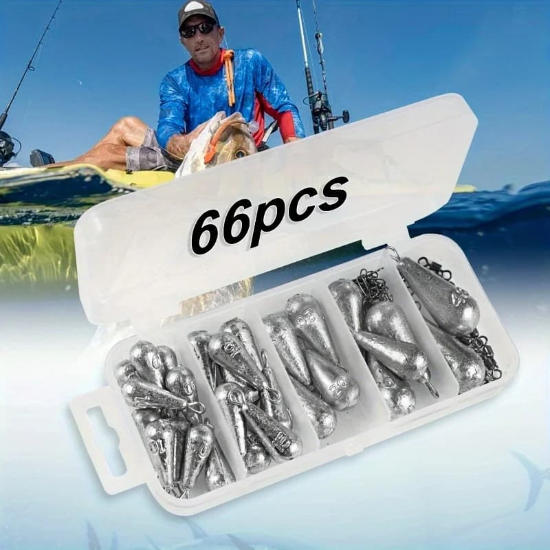 Set of 66 pieces of fishing weights, poplars and swivel fishing connectors, multi-model lead weights and swivel carbon steel barrel shot