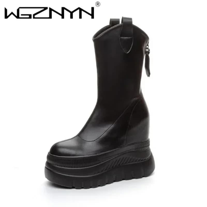 12 centimetri 2025 Donne In Pelle Microfibra Vulcanizzata Aumento Casual Stivaletti Piattaforma Cuneo Tacchi Alti Bianco ZIP Scarpe Botas Mujer