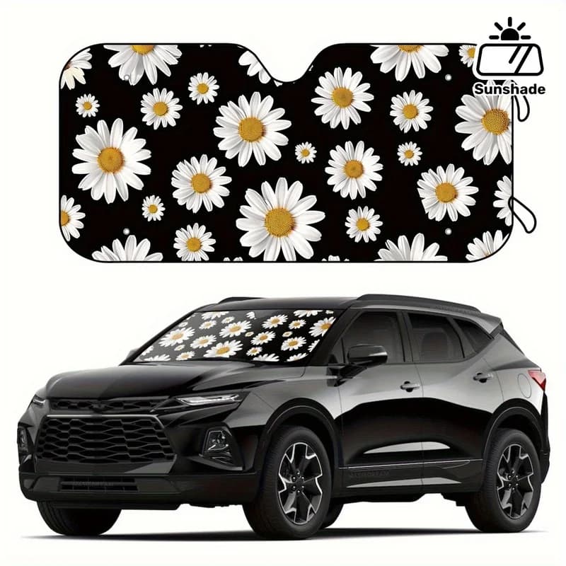 1pc White Daisy Pattern RV Windshield Sunshade, Durable Foldable SUV Sunshade