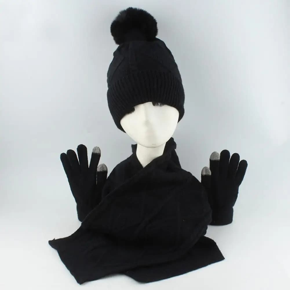 3 Pz/set Donne Cappello Invernale Sciarpa Guanti Set Peluche Palla Decor Rombo Texture Cappello di Lavoro A Maglia Sciarpa Lunga Touch Screen Guanti Set