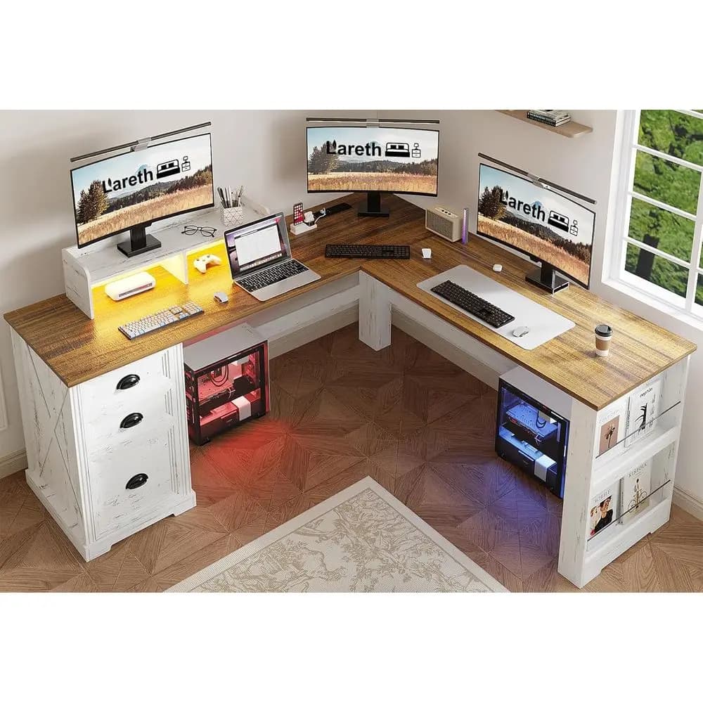 Antique white L desk with support for monitor, LED light and power outlet - Executive or home office workplace for gaming with F