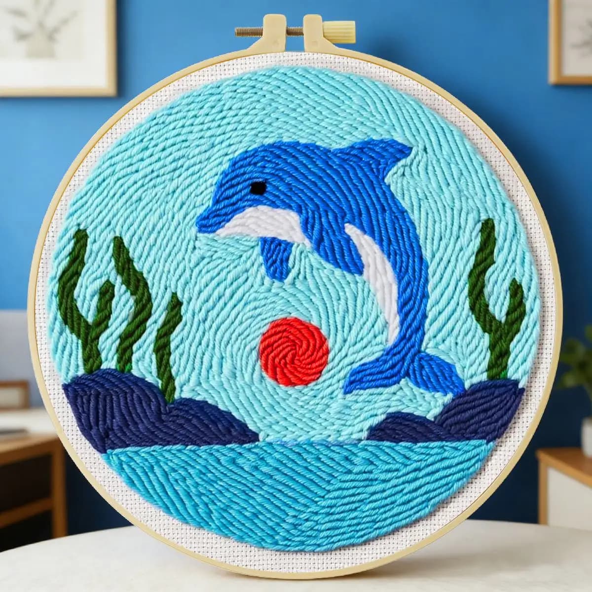 Kit per ricamo punch needle 20x20 cm (7,87 pollici) con motivo animale - Delfino, per ricamo a punto, ricamo a maglia, fai da te, regalo fatto a mano