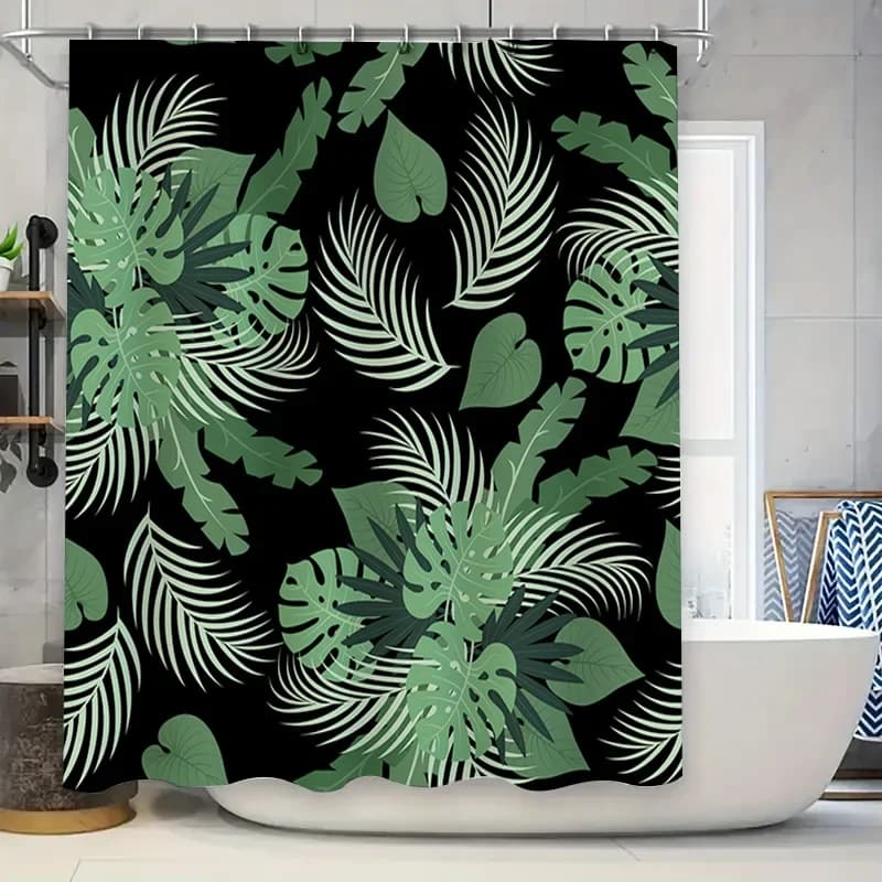 Tenda da doccia con stampa di foglie tropicali verdi, panno decorativo impermeabile per appendere il bagno, 72 x 84 pollici (nero bianco verde)