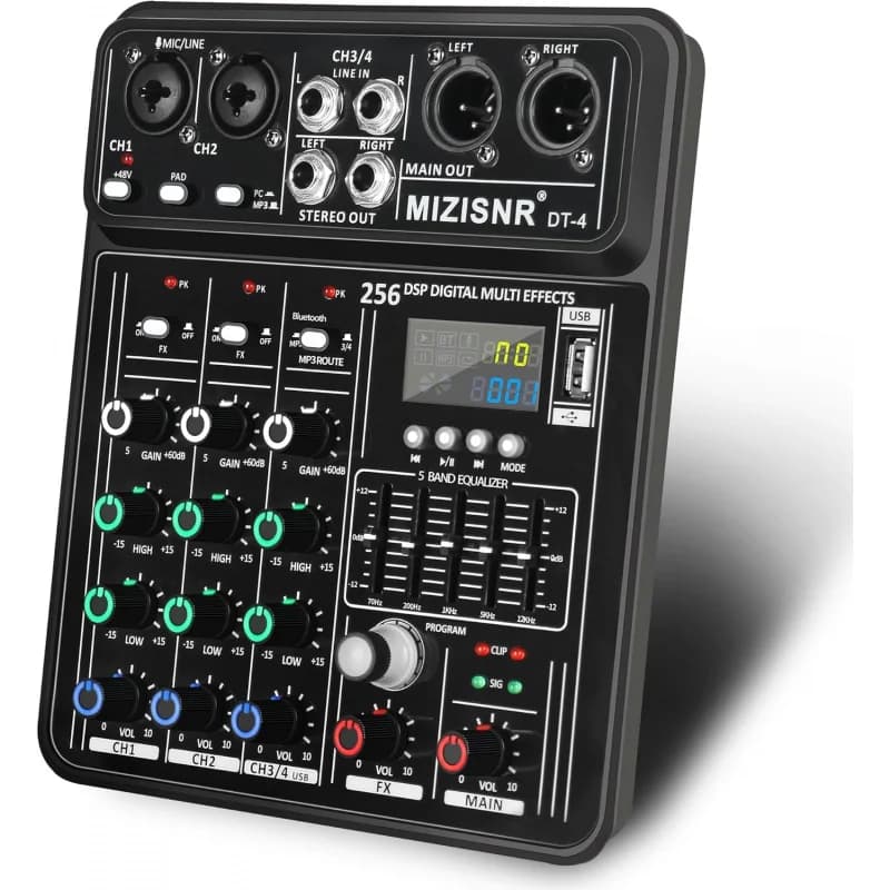 Mixer audio Fuluode a 4 canali con 256DSP e equalizzatore a 5 bande, piccola console DJ con alimentazione phantom 48V per karaoke