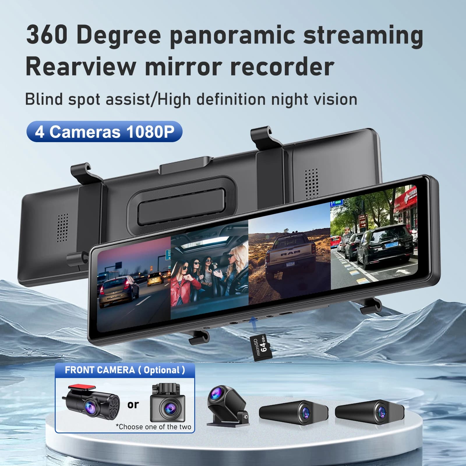 Adinkam 4CH 12 pollici specchietto retrovisore Dash Cam anteriore, posteriore e laterale (sinistra destra) FHD 3 * 1080P Blind Spot Assist WDR WIFI G-sensor