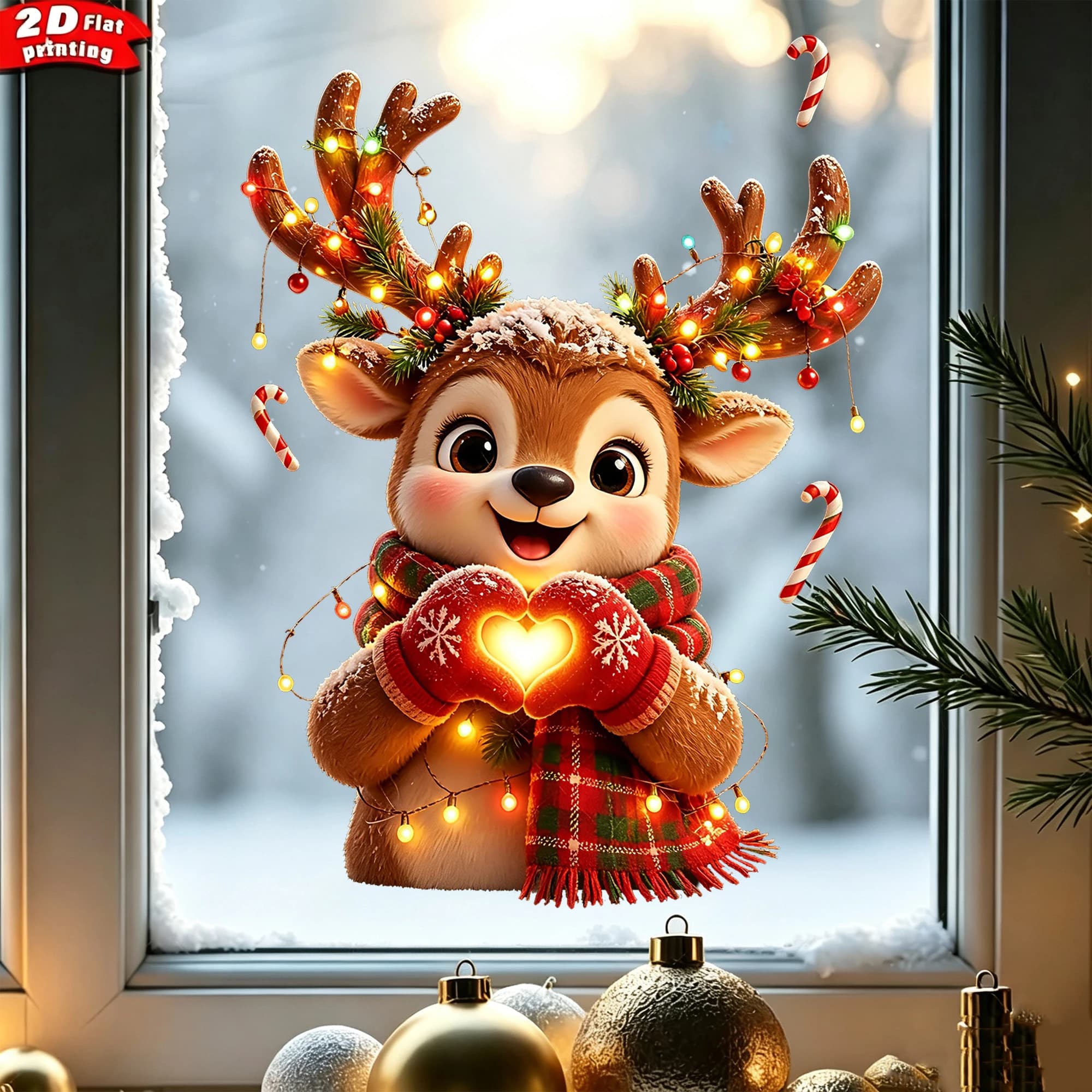 1pc Double‑Sided Visible Static Window Decal Christmas Heart‑Gesture Deer with Fairy Light DIY Removable Holiday Glass Sticker