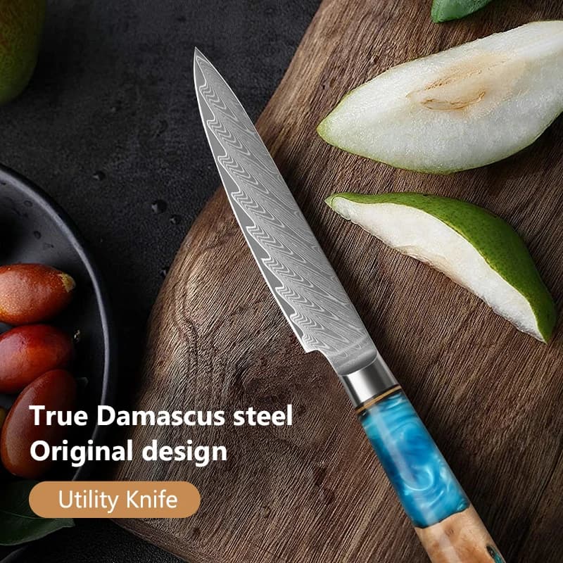 Coltello Multiuso da 5 Pollici in Acciaio Damascato, Coltello Professionale da Chef Giapponese, Coltello da Cucina per Verdure con Manico in Resina Blu
