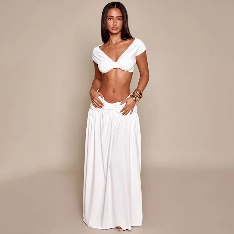 Women Solid 2 Piece Outfit Ruched V Neck Cap Sleeve Crop Top And High Waist Flowy Maxi Skirt Sexy Matching Set For Vacation