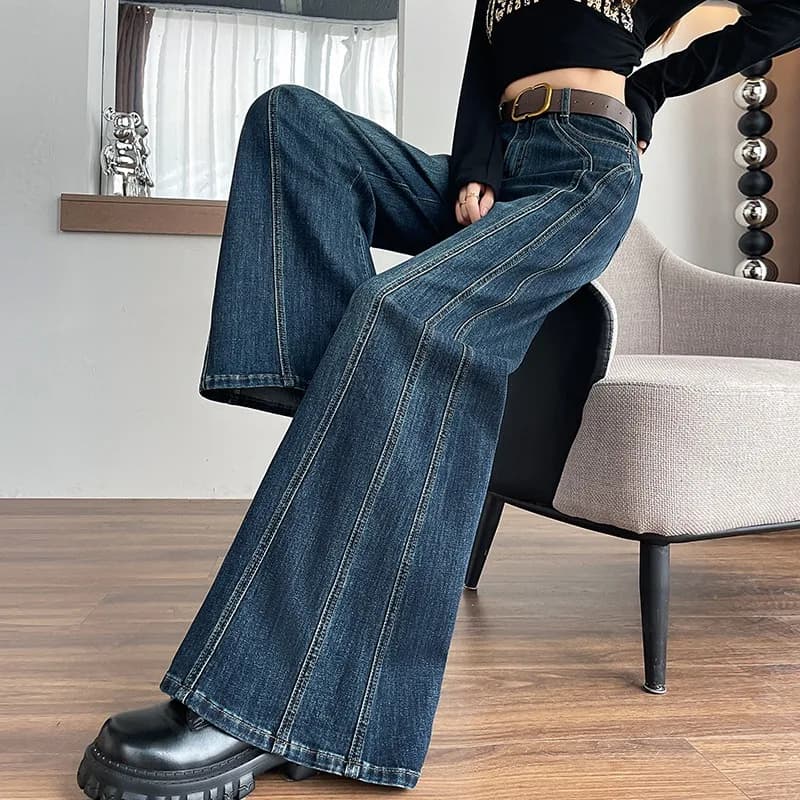 Women's Jeans Casual Pants Y2K Wide Leg Retro Stretch Denim Bell Bottom Trendy Belted High Waist Spring Summer