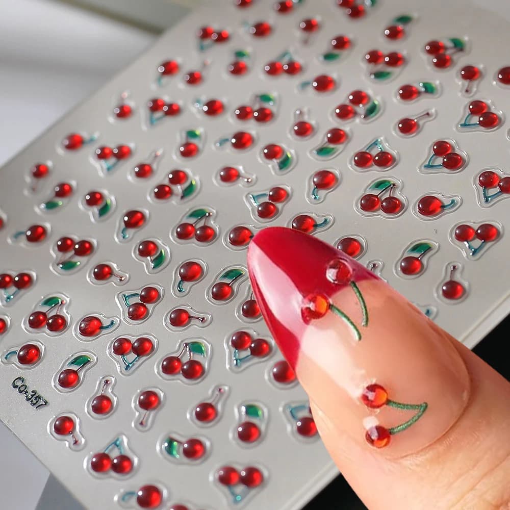 5D Red Cherry Self - Adhesive Rhinestone Fruit Cute Summer Cherry Nail Stickers Ideal for Sea Holiday and Graduate Design