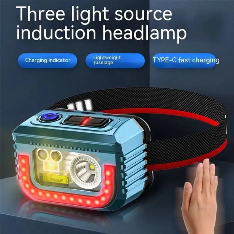 Faro frontale A84X-LED con sensore di movimento, ricaricabile USB, 3 sorgenti luminose, lanterna da pesca, mini torcia frontale di emergenza
