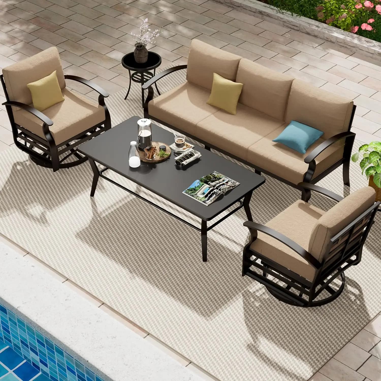 Aluminum Patio Sectional Set Coffee Table 5 Seat Metal Swivel Chairs 5.1" Cushions Outdoor Backyard, Custom
