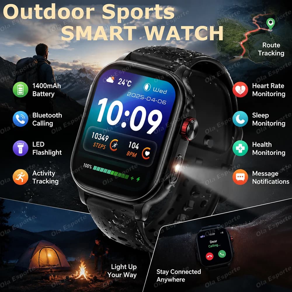 New Outdoor Smart Watch 1400mAh Big Battery LED Flashlight Heart Rate Sleep Monitoring Waterproof BT Call Sports Smartwatch HT30